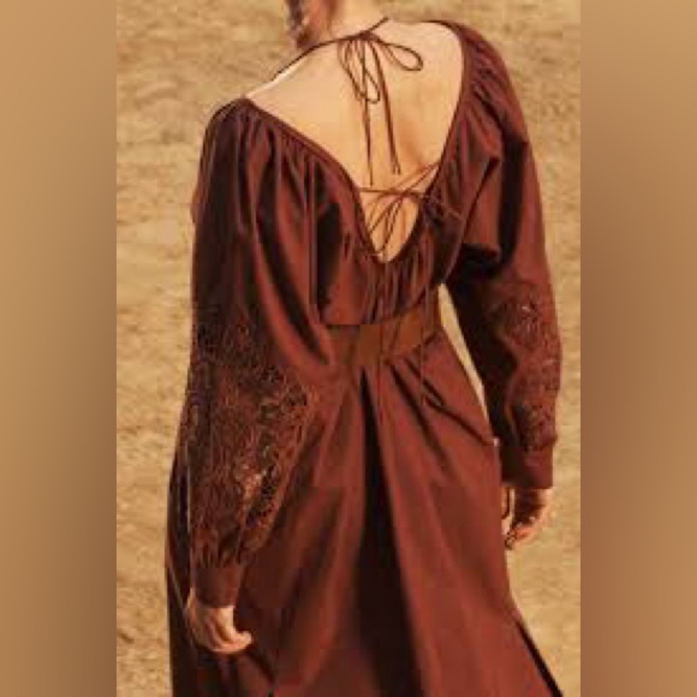 NWT ZARA Open-Back Maxi Dress – Brown Boho Long Sleeve Cotton SZ M